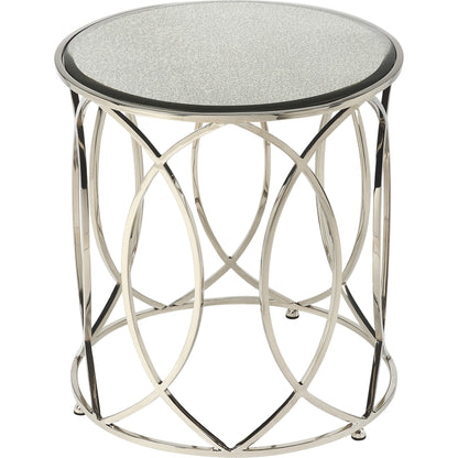 Desiree End Table by Butler Specialty Company in silver and metalworks. Made from stainless steel, mdf, antique mirrored glass with beveled edge in a modern style.