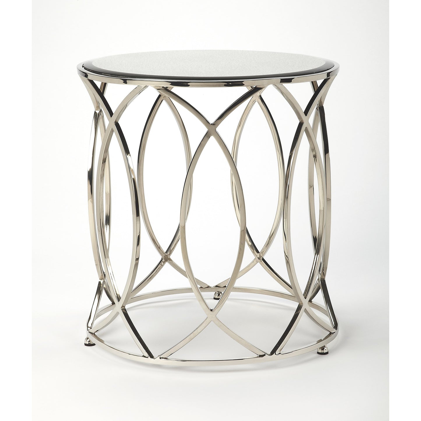001 S-346191 | Additional Silo | Desiree End Table by Butler Specialty Company in silver and metalworks. Made from stainless steel, mdf, antique mirrored glass with beveled edge in a modern style.