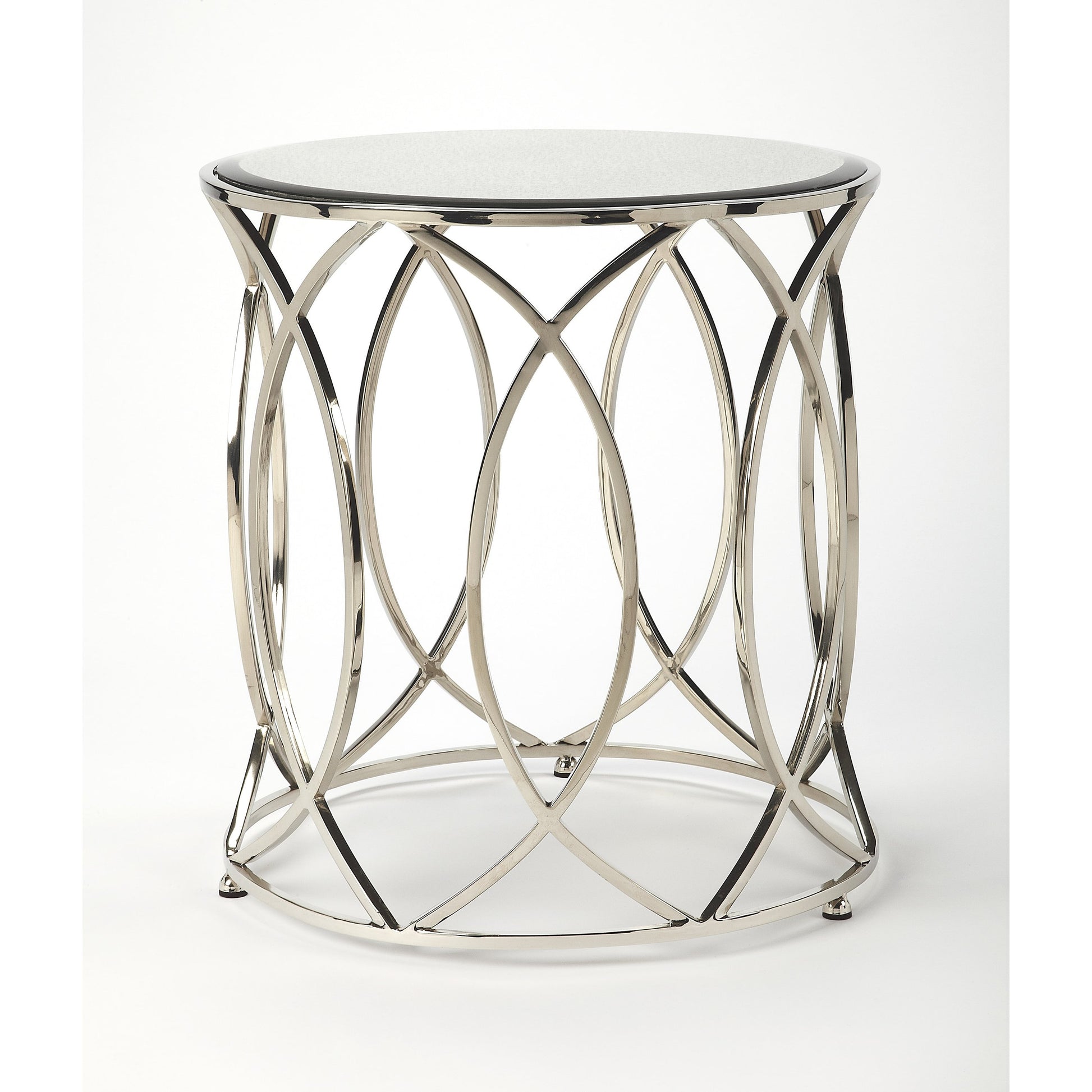 Desiree End Table by Butler Specialty Company in silver and metalworks. Made from stainless steel, mdf, antique mirrored glass with beveled edge in a modern style.