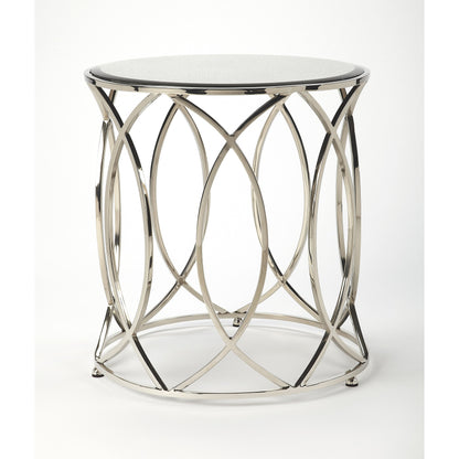 Desiree End Table by Butler Specialty Company in silver and metalworks. Made from stainless steel, mdf, antique mirrored glass with beveled edge in a modern style.