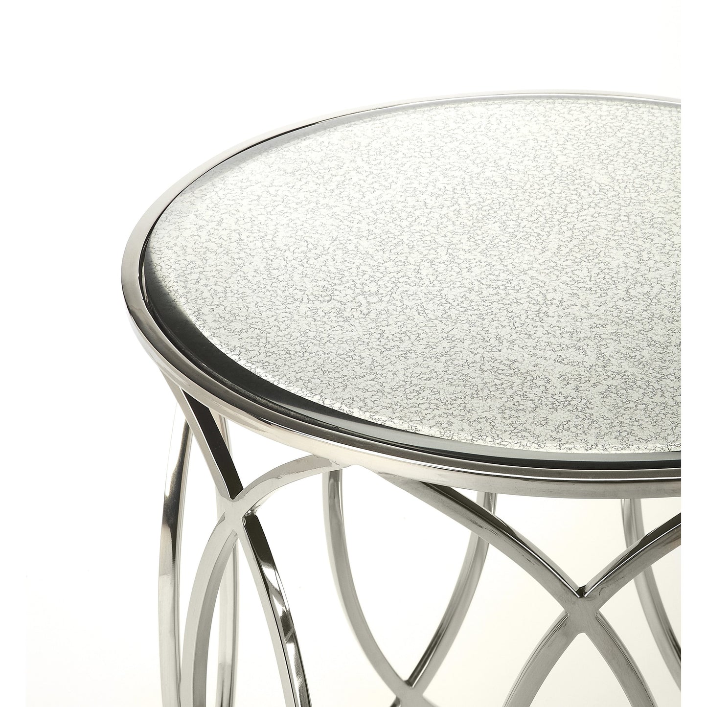 003 S-346191 | Closeup | Desiree End Table by Butler Specialty Company in silver and metalworks. Made from stainless steel, mdf, antique mirrored glass with beveled edge in a modern style.