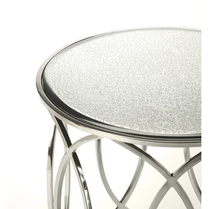 Desiree End Table by Butler Specialty Company in silver and metalworks. Made from stainless steel, mdf, antique mirrored glass with beveled edge in a modern style.