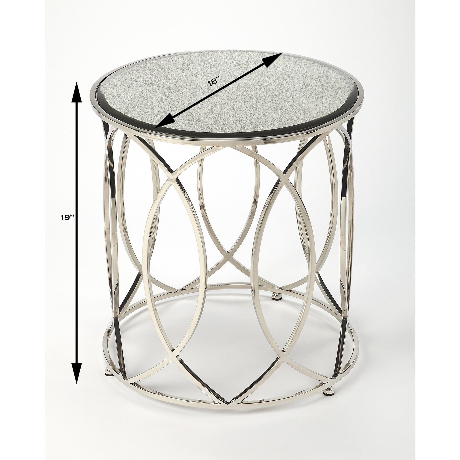 Desiree End Table by Butler Specialty Company in silver and metalworks. Made from stainless steel, mdf, antique mirrored glass with beveled edge in a modern style.