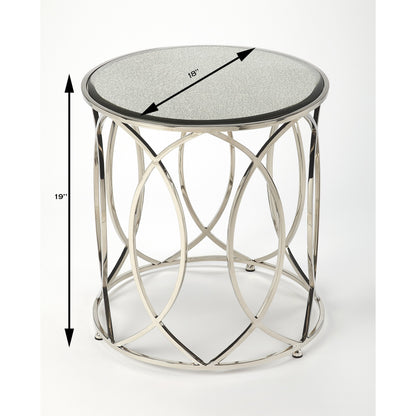 Desiree End Table by Butler Specialty Company in silver and metalworks. Made from stainless steel, mdf, antique mirrored glass with beveled edge in a modern style.