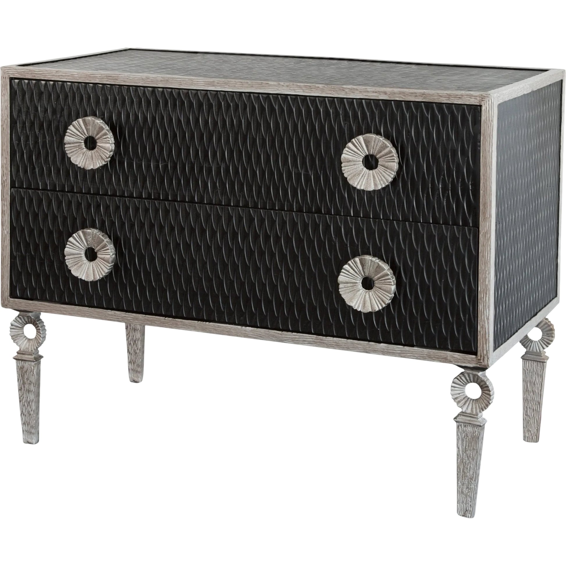 Artisan Chest by Global Views in black distress lacquer, nickel, antique lacquer. Made from acacia, mdf, iron in a transitional style.
