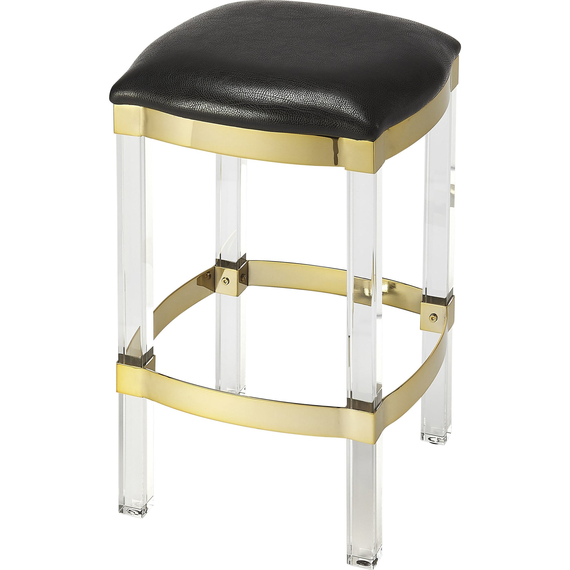 Jordan Leather Counter Stool by Butler Specialty Company. Made from leather, urethane foam (7 fr), acrylic, stainless steel in a modern style.