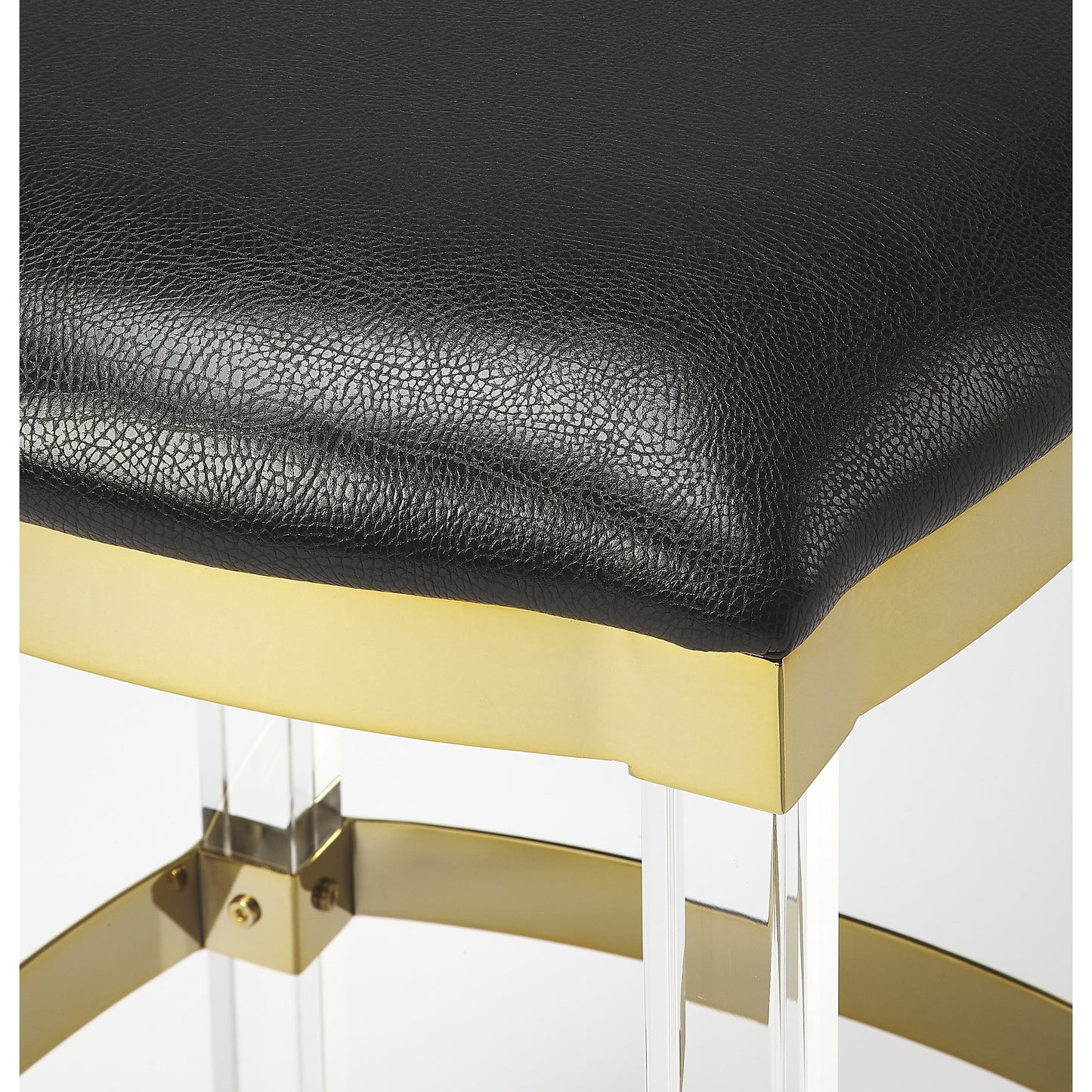 002 S-346262 | Closeup | Jordan Leather Counter Stool by Butler Specialty Company. Made from leather, urethane foam (7 fr), acrylic, stainless steel in a modern style.