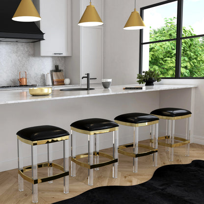 Jordan Leather Counter Stool by Butler Specialty Company. Made from leather, urethane foam (7 fr), acrylic, stainless steel in a modern style.