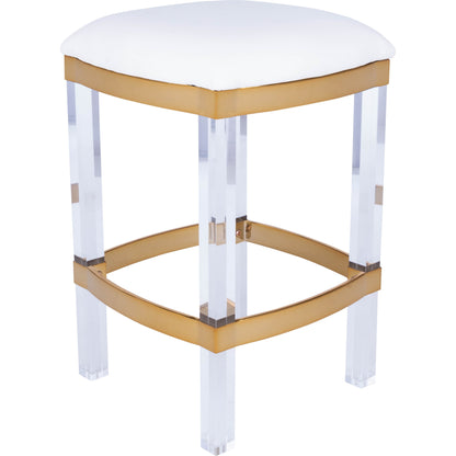 Jordan Counter Stool by Butler Specialty Company in white and polished gold. Made from stainless steel, high polished gold finish, acrylic, mdf, fabric, faux leather, polyvinyl, polyurethane foam core: seat height, 24" in a transitiona