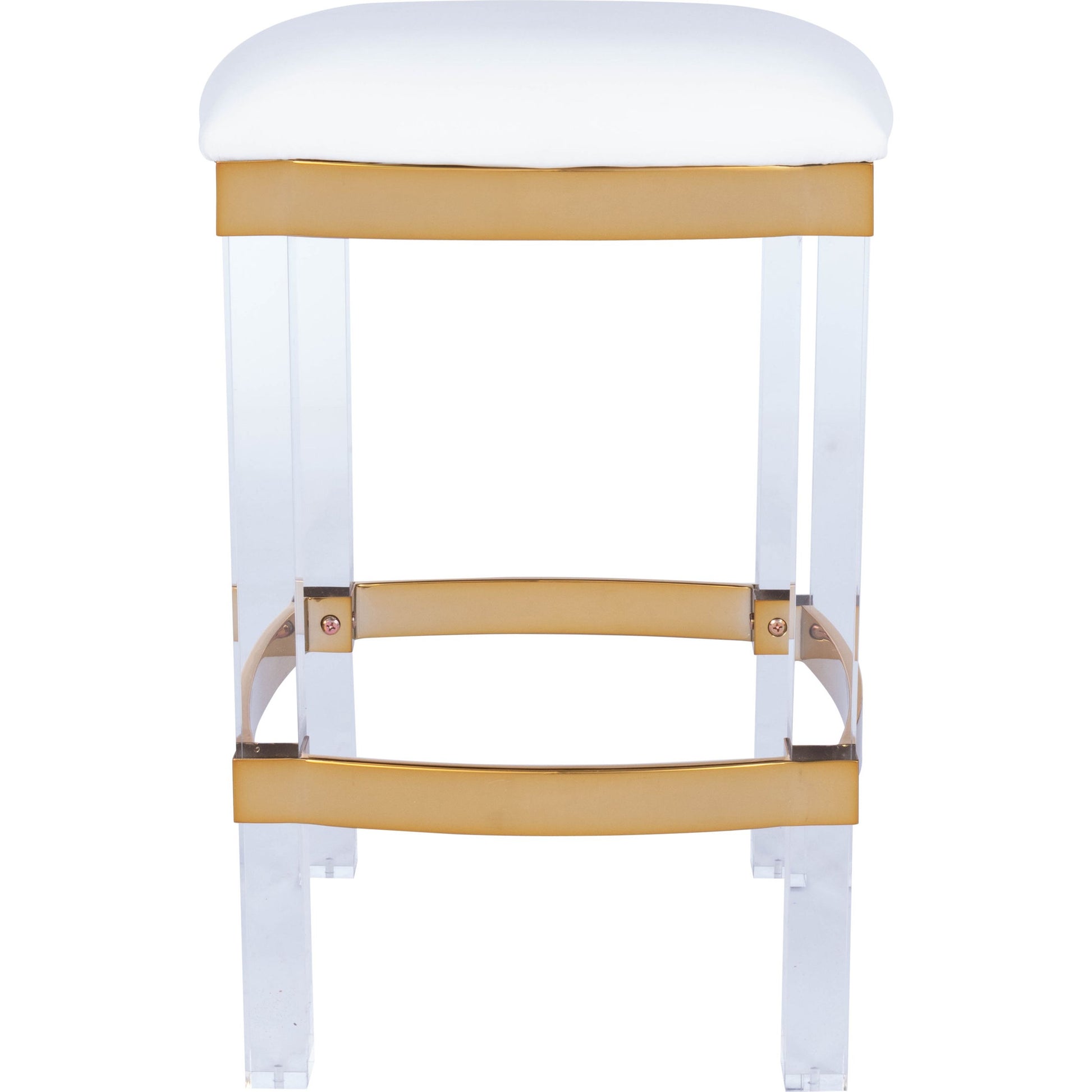 Jordan Counter Stool by Butler Specialty Company in white and polished gold. Made from stainless steel, high polished gold finish, acrylic, mdf, fabric, faux leather, polyvinyl, polyurethane foam core: seat height, 24" in 