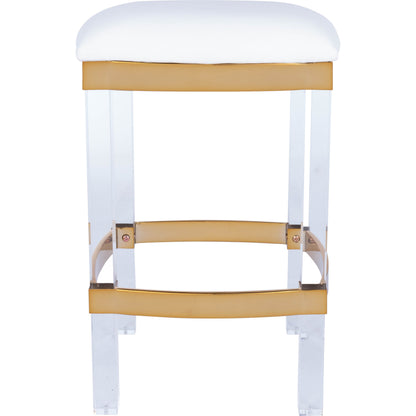 Jordan Counter Stool by Butler Specialty Company in white and polished gold. Made from stainless steel, high polished gold finish, acrylic, mdf, fabric, faux leather, polyvinyl, polyurethane foam core: seat height, 24" in a transitiona