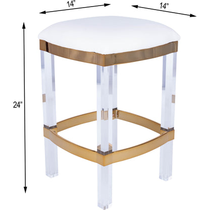 Jordan Counter Stool by Butler Specialty Company in white and polished gold. Made from stainless steel, high polished gold finish, acrylic, mdf, fabric, faux leather, polyvinyl, polyurethane foam core: seat height, 24" in 