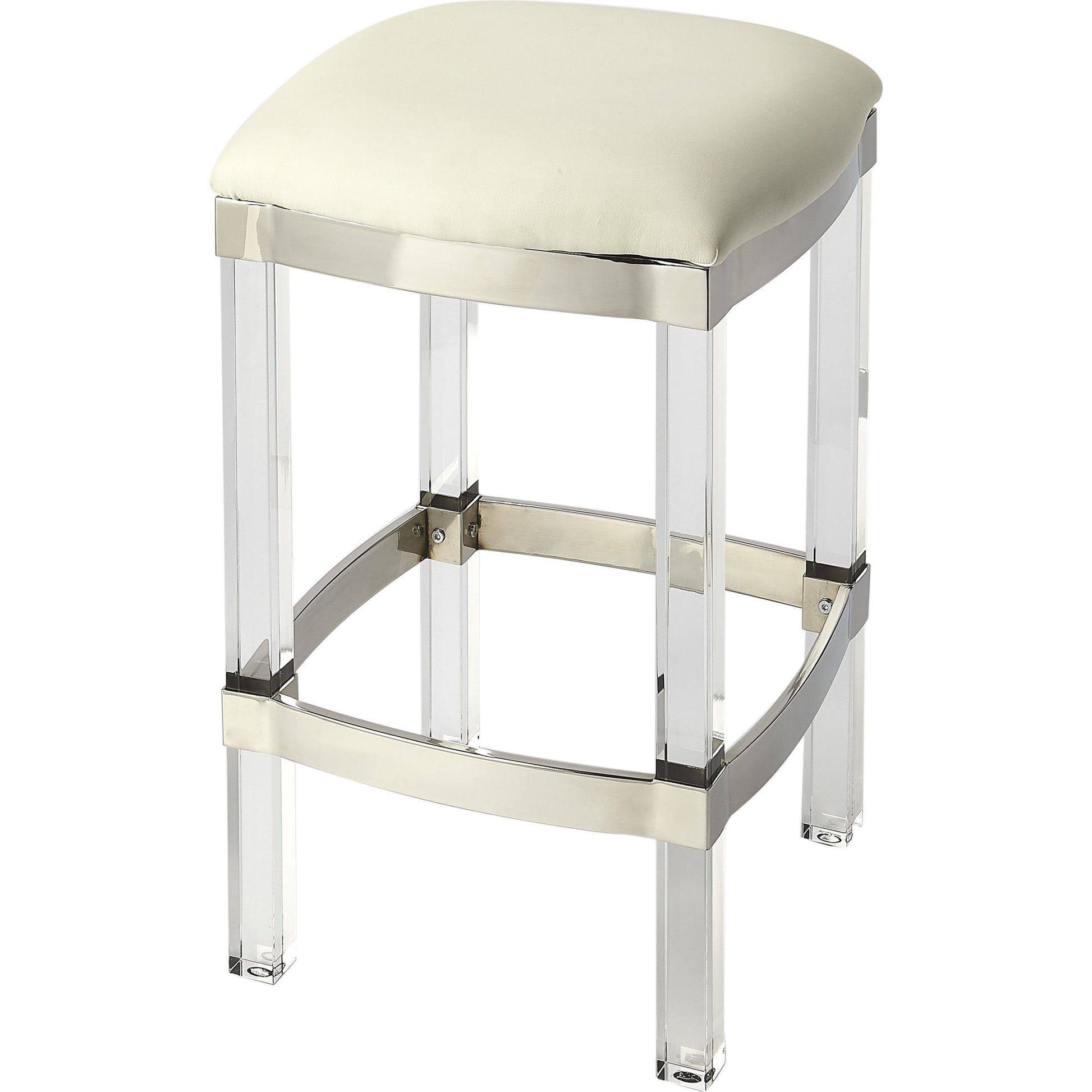 Jordan Leather Counter Stool by Butler Specialty Company. Made from leather, urethane foam (7 fr), acrylic, stainless steel in a modern style.