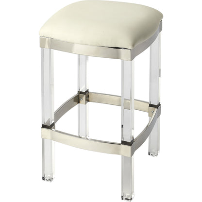 Jordan Leather Counter Stool by Butler Specialty Company. Made from leather, urethane foam (7 fr), acrylic, stainless steel in a modern style.