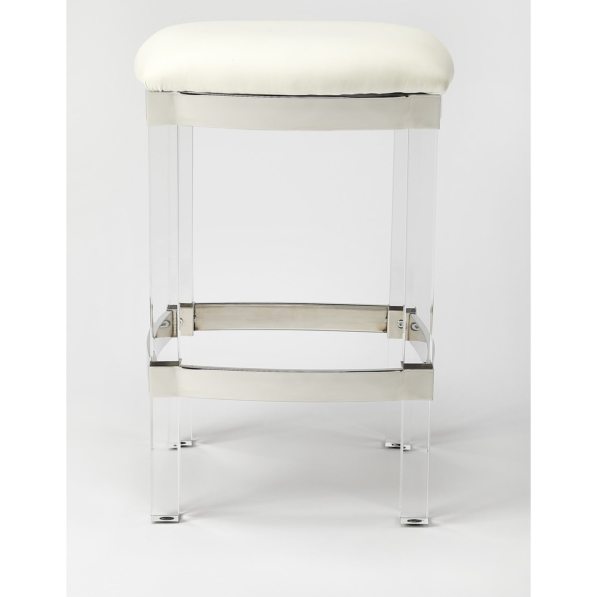 Jordan Leather Counter Stool by Butler Specialty Company. Made from leather, urethane foam (7 fr), acrylic, stainless steel in a modern style.
