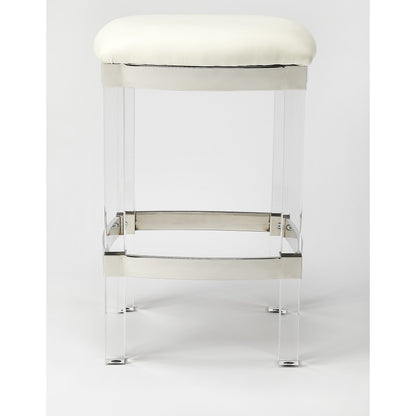 Jordan Leather Counter Stool by Butler Specialty Company. Made from leather, urethane foam (7 fr), acrylic, stainless steel in a modern style.