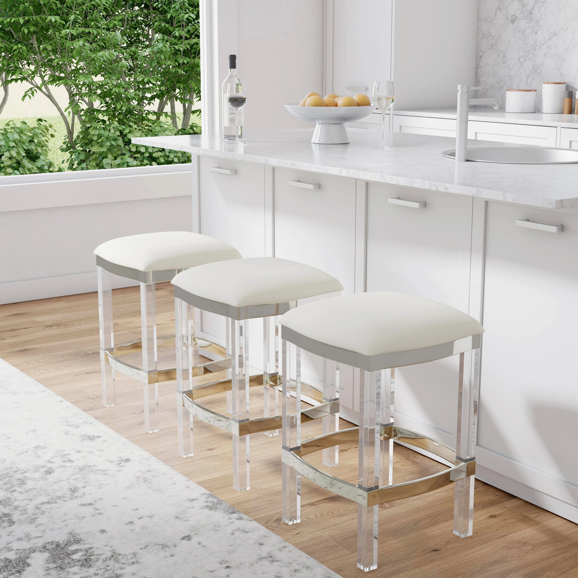 Jordan Leather Counter Stool by Butler Specialty Company. Made from leather, urethane foam (7 fr), acrylic, stainless steel in a modern style.
