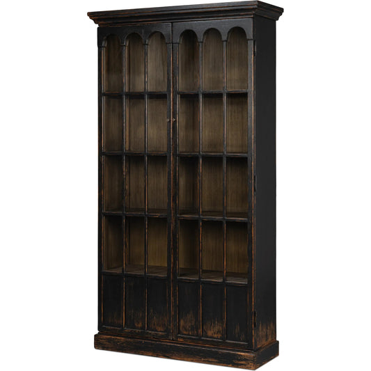 Edgar Allan Glass Bookcase by Sarreid Ltd. in antique black and reclaimed pine, antique black. Made from unique in a unique style.