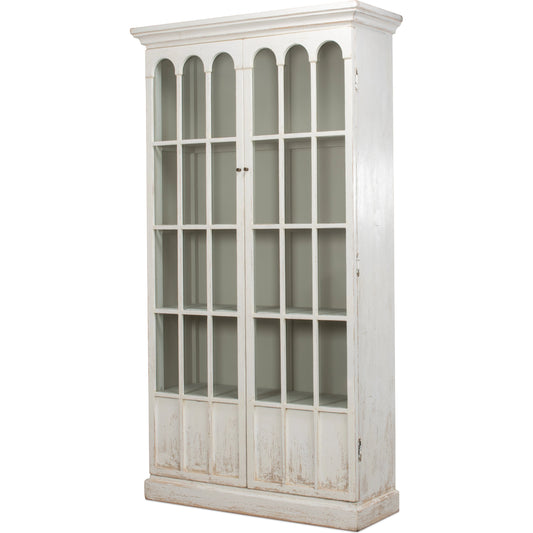 Glass Bookcase by Sarreid Ltd. in whitewash. Made from reclaimed pine in a modern style.
