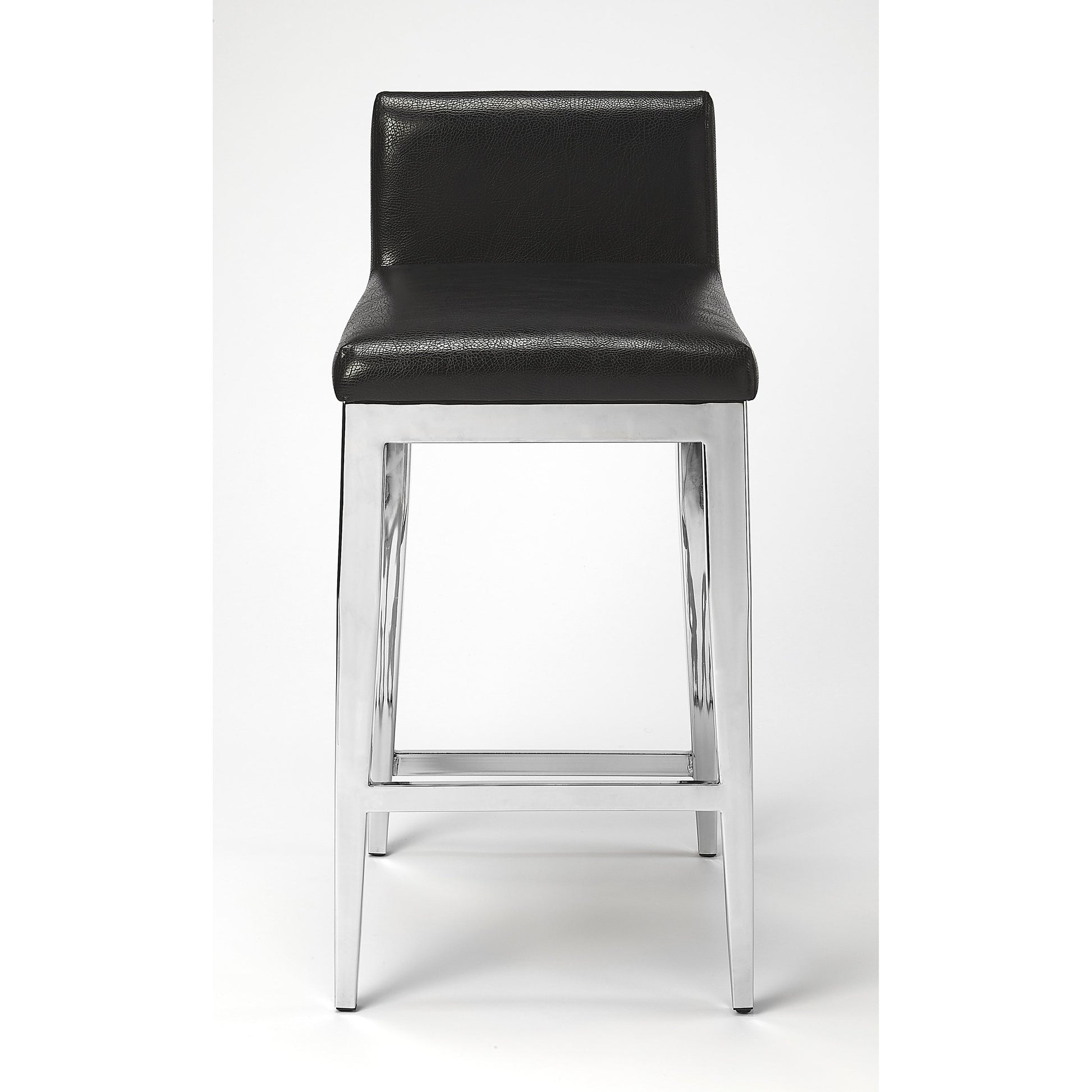 Kelsey Stainless Steel Faux Leather Counter Stool by Butler Specialty Company in black and black. Made from stainless steel, polyurethane faux leather, urethane foam (7 fr) in a modern style.