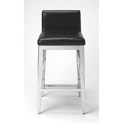 Kelsey Stainless Steel Faux Leather Counter Stool by Butler Specialty Company in black and black. Made from stainless steel, polyurethane faux leather, urethane foam (7 fr) in a modern style.