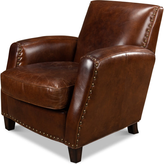 The Taft Lounge Chair by Sarreid Ltd. in brown and dark brown hardwood frame & feet. Made from hardwood, leather in a modern style.