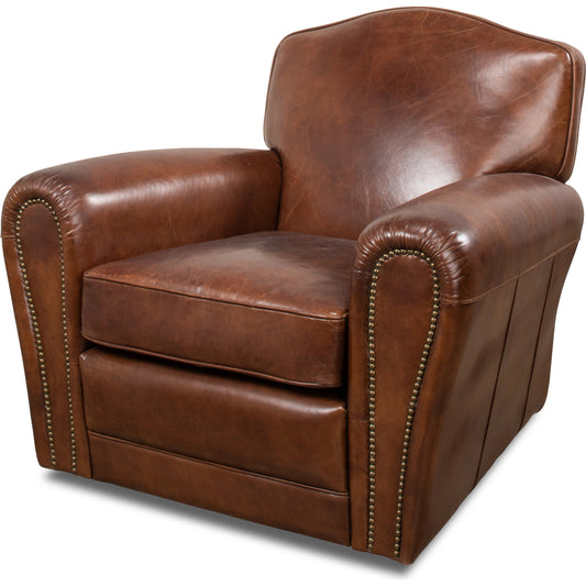 Elite French Club Swivel Chair by Sarreid Ltd.. Made from top grain cow leather, metal in a transitional style.