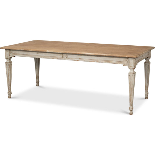Elise Dining Table by Sarreid Ltd. in light grey, natural top. Made from pine in a traditional style.