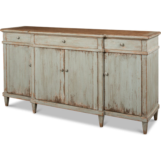 Theo Buffet by Sarreid Ltd. in sage, natural top. Made from pine in a traditional style.