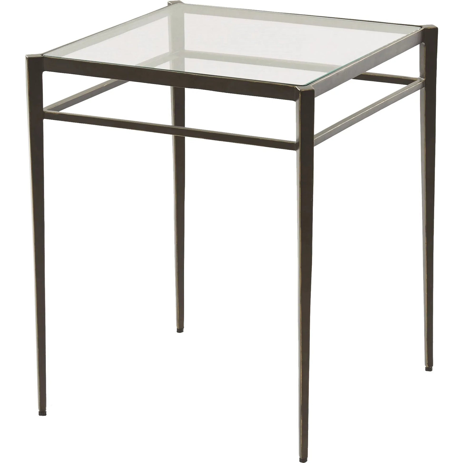 Lescot Side Table by Global Views in dark gunmetal bronze powder coat, gold edges, highlights. Made from iron, tempered glass in a modern style.