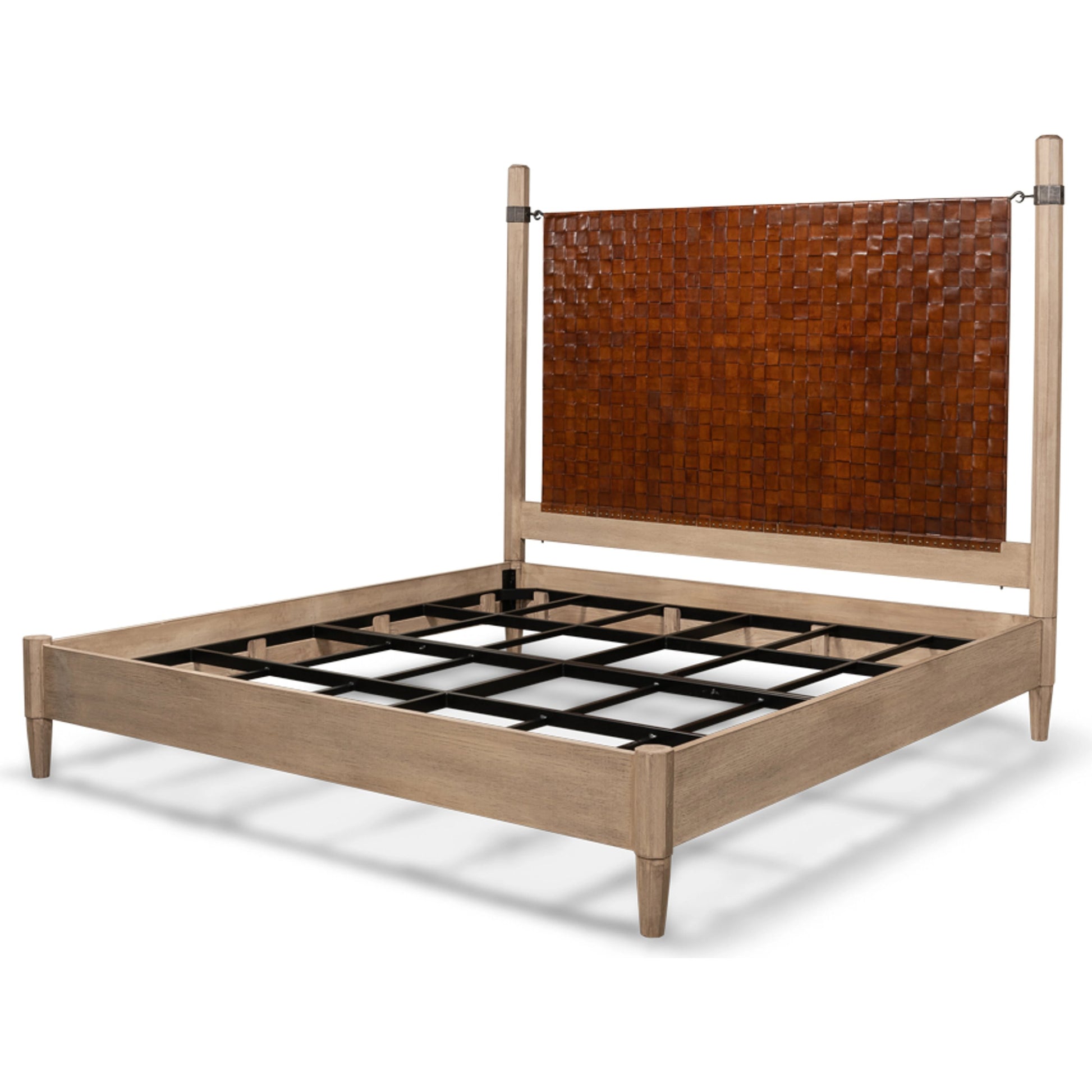 Vineyards King Bed by Sarreid Ltd. in hand woven leather, flaky pine. Made from pine veneer, hand forged iron, top grain leather in a modern style.