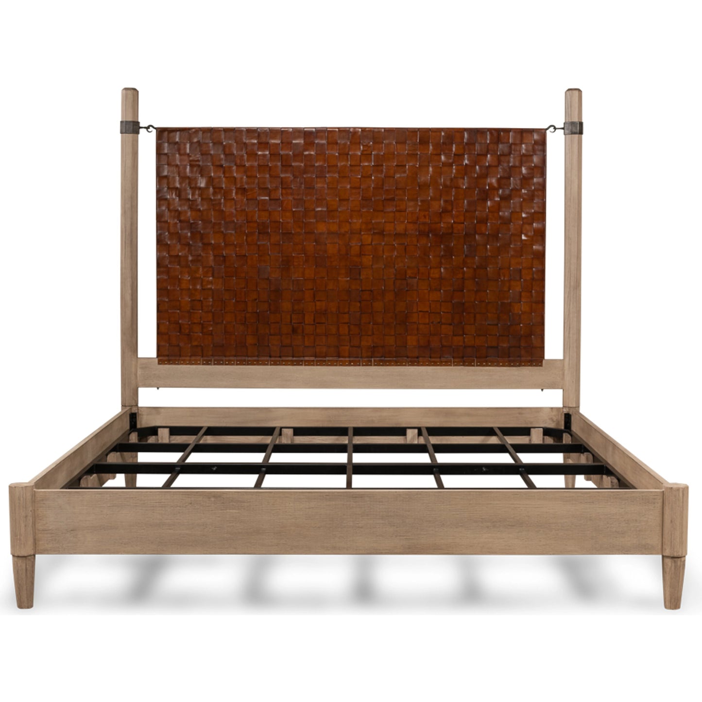003 SI-1998220 | Additional Silo | Vineyards King Bed by Sarreid Ltd. in hand woven leather, flaky pine. Made from pine veneer, hand forged iron, top grain leather in a modern style.