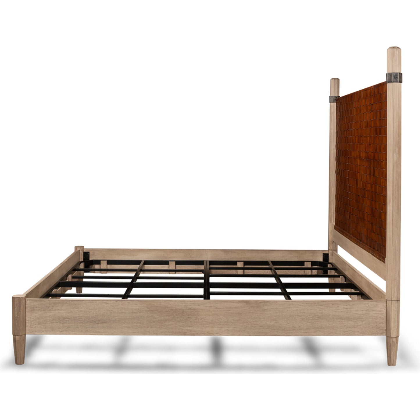 004 SI-1998220 | Additional Silo | Vineyards King Bed by Sarreid Ltd. in hand woven leather, flaky pine. Made from pine veneer, hand forged iron, top grain leather in a modern style.