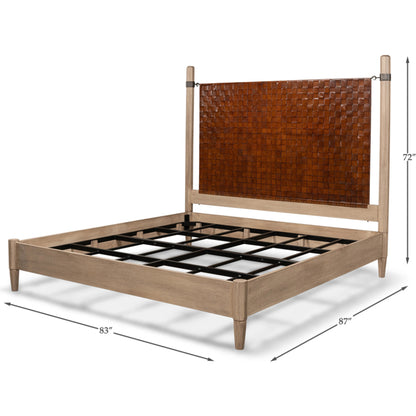 Vineyards King Bed by Sarreid Ltd. in hand woven leather, flaky pine. Made from pine veneer, hand forged iron, top grain leather in a modern style.