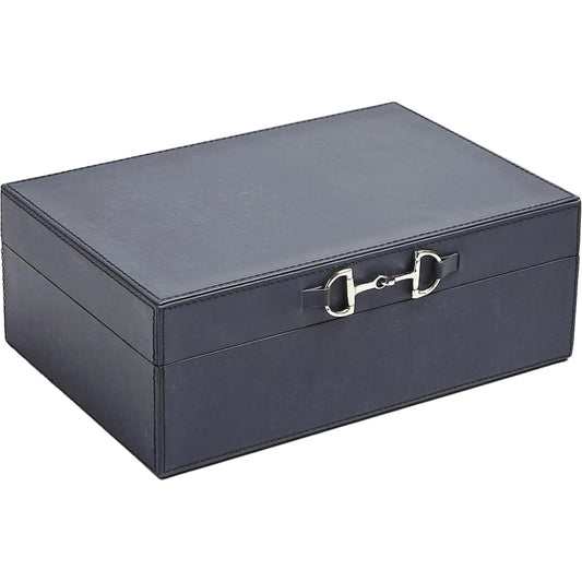 Stirrup Detail Box by Global Views in blue wash. Made from leather, polyester suede, stainless steel in a transitional style.