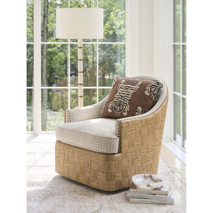 Hamlin Swivel Chair by Barclay Butera in beige, tan and tan. Made from mahogany, fabric in a unique style.