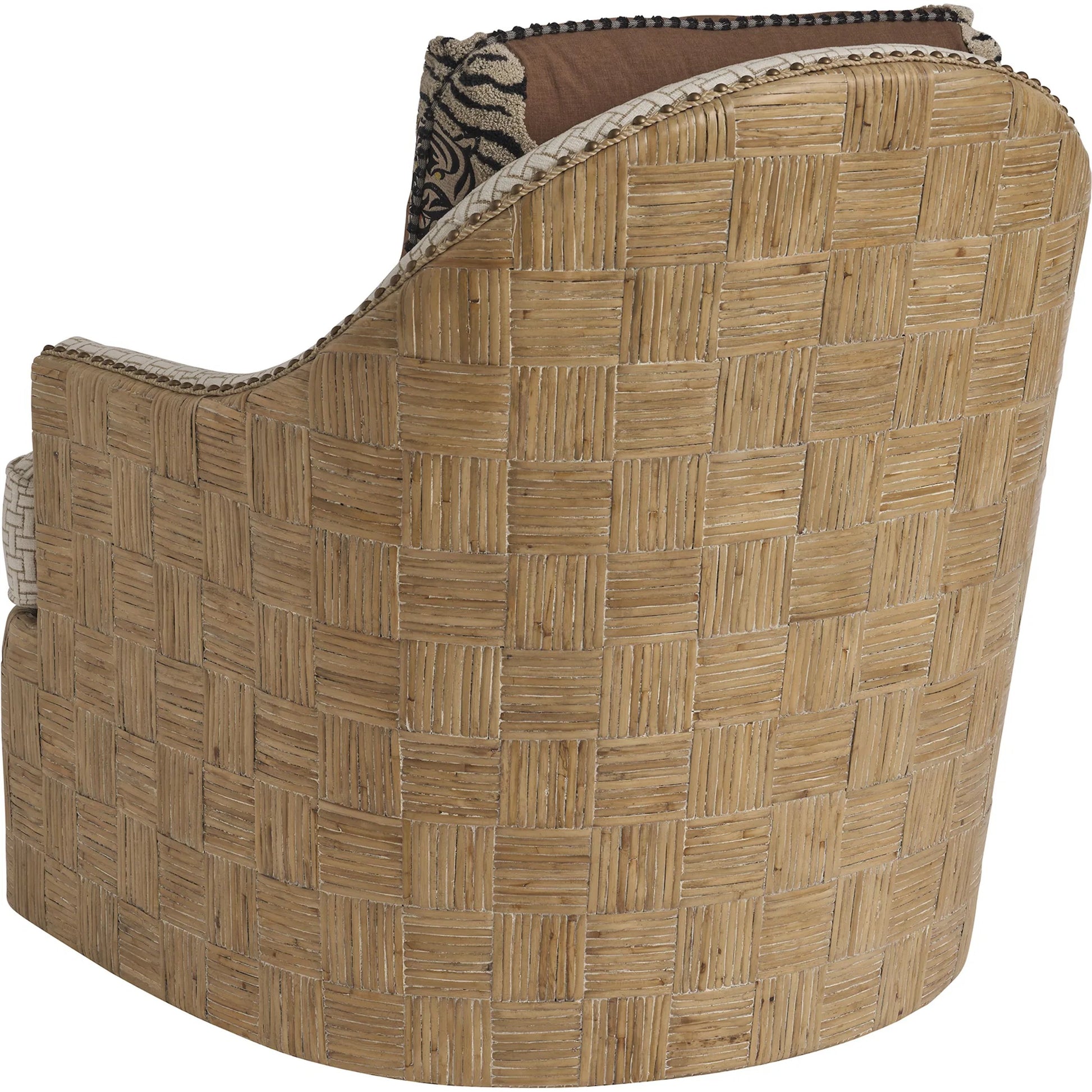 Hamlin Swivel Chair by Barclay Butera in beige, tan and tan. Made from mahogany, fabric in a unique style.