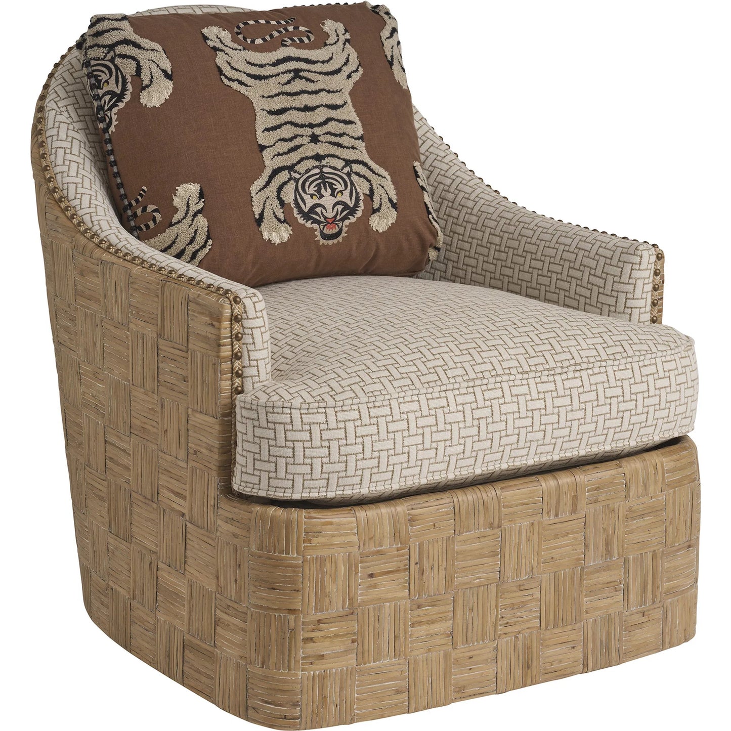 001 SI-2540434 | Primary Silo | Hamlin Swivel Chair by Barclay Butera in beige, tan and tan. Made from mahogany, fabric in a unique style.
