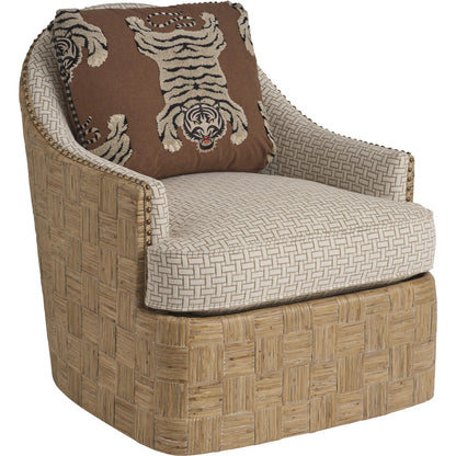 Hamlin Swivel Chair by Barclay Butera in beige, tan and tan. Made from mahogany, fabric in a unique style.