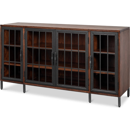 Jessica Vineyards Credenza by Sarreid Ltd. in brown. Made from metal doors with plain glass in a unique style.