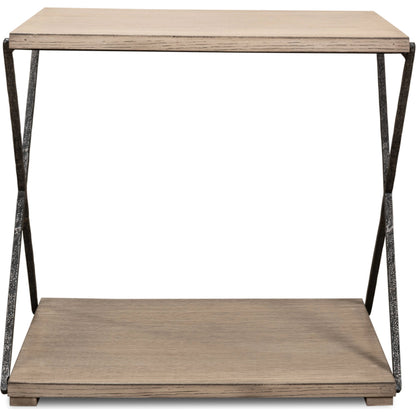 Nathanial Side Table by Sarreid Ltd. in flaky pine. Made from pine veneer, hand forged iron in a modern style.