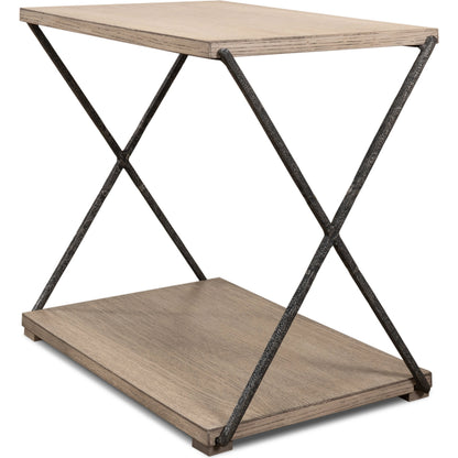 Nathanial Side Table by Sarreid Ltd. in flaky pine. Made from pine veneer, hand forged iron in a modern style.