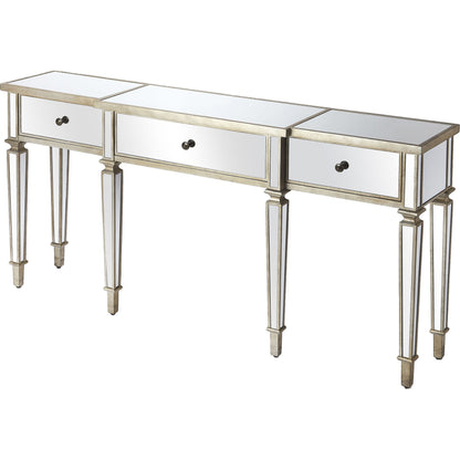 Hayworth Ed Console Table by Butler Specialty Company in silver and mirror. Made from mirror glass, birch wood, zinc metal hardware in a traditional style.