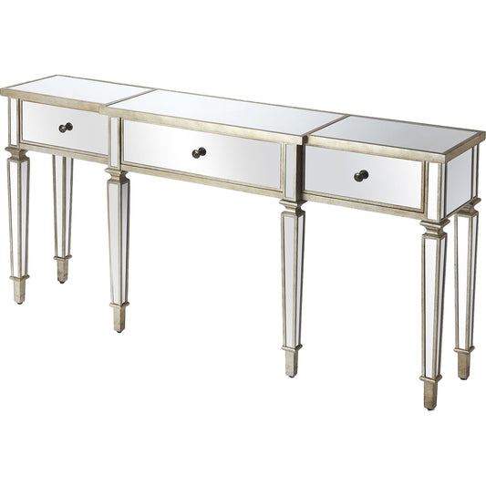 Hayworth Ed Console Table by Butler Specialty Company in silver and mirror. Made from mirror glass, birch wood, zinc metal hardware in a traditional style.