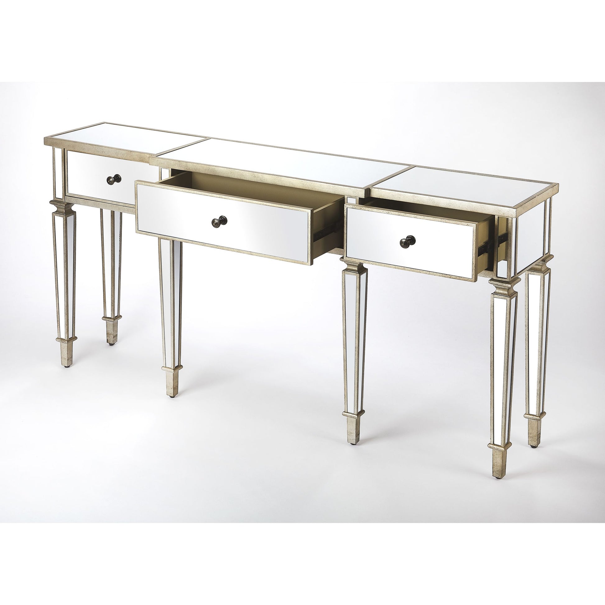 Hayworth Ed Console Table by Butler Specialty Company in silver and mirror. Made from mirror glass, birch wood, zinc metal hardware in a traditional style.