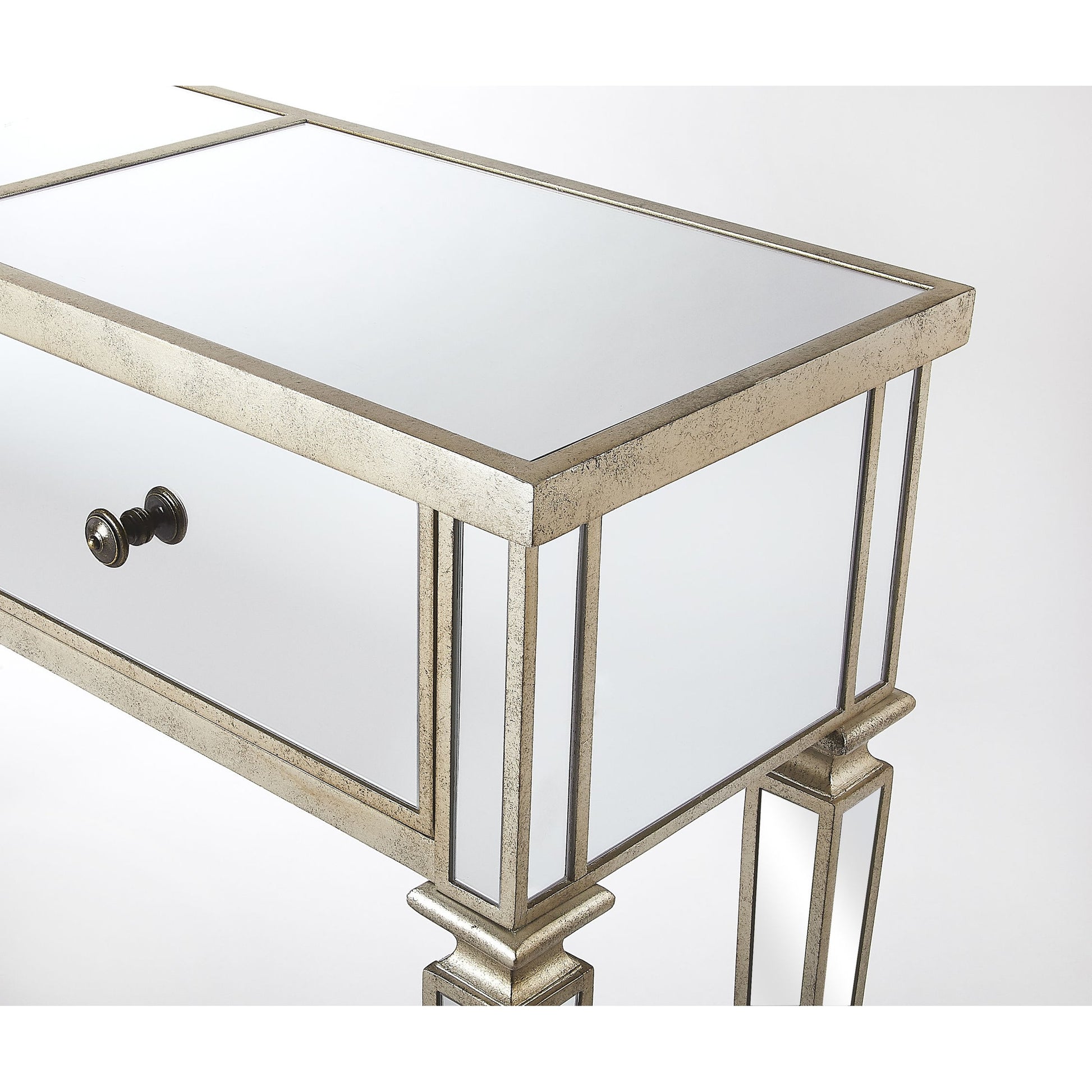 Hayworth Ed Console Table by Butler Specialty Company in silver and mirror. Made from mirror glass, birch wood, zinc metal hardware in a traditional style.