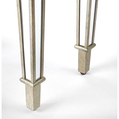 Hayworth Ed Console Table by Butler Specialty Company in silver and mirror. Made from mirror glass, birch wood, zinc metal hardware in a traditional style.