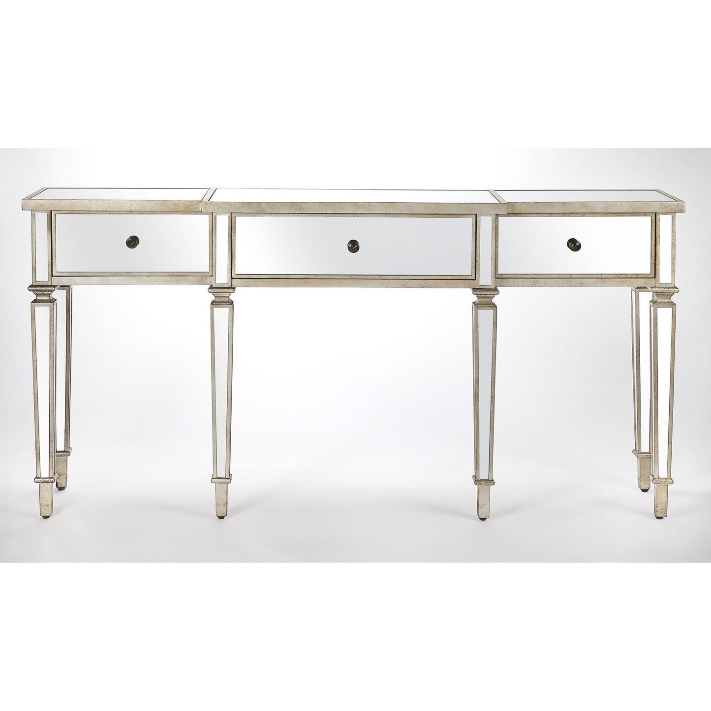 002 SR-770458 | Additional Silo | Hayworth Ed Console Table by Butler Specialty Company in silver and mirror. Made from mirror glass, birch wood, zinc metal hardware in a traditional style.