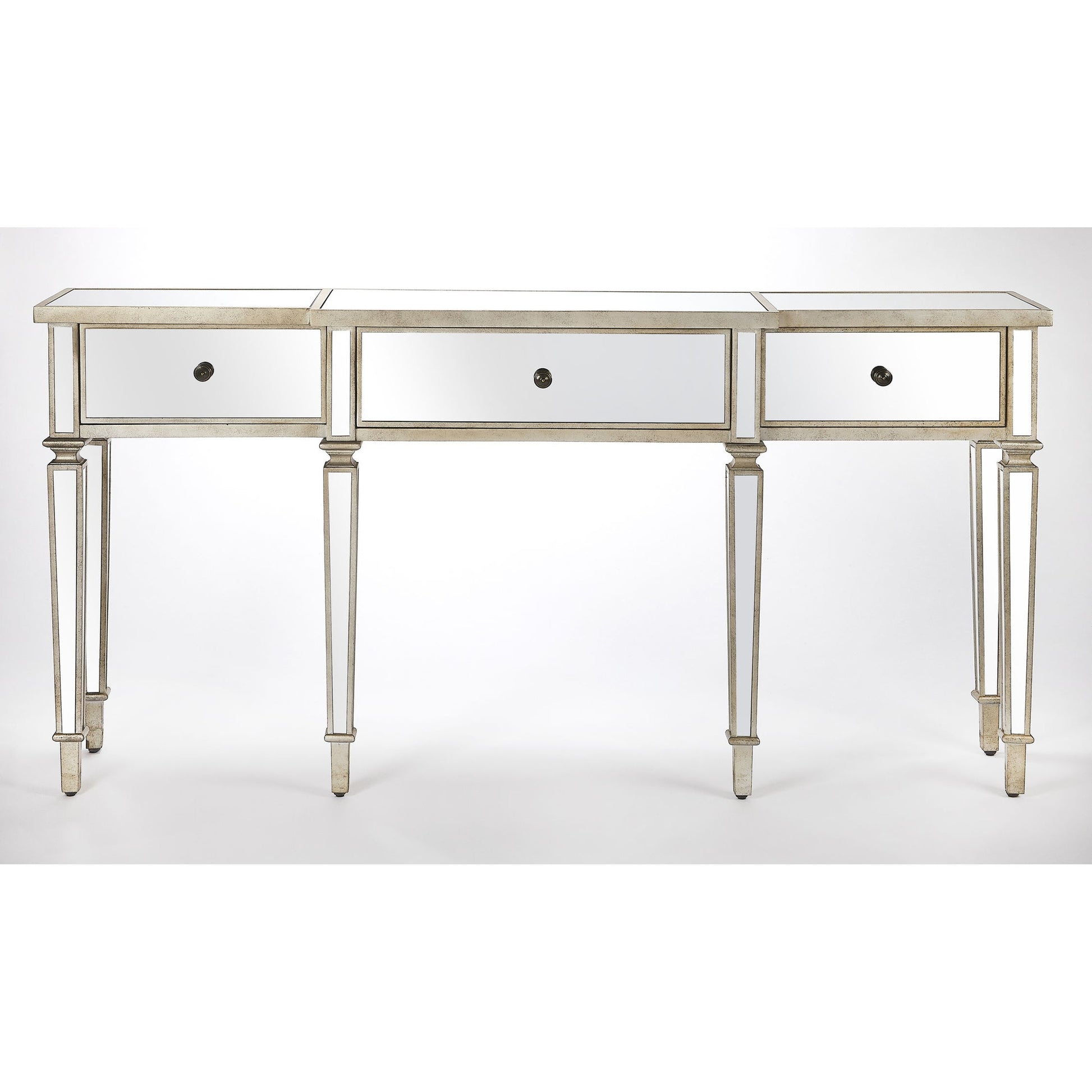 Hayworth Ed Console Table by Butler Specialty Company in silver and mirror. Made from mirror glass, birch wood, zinc metal hardware in a traditional style.