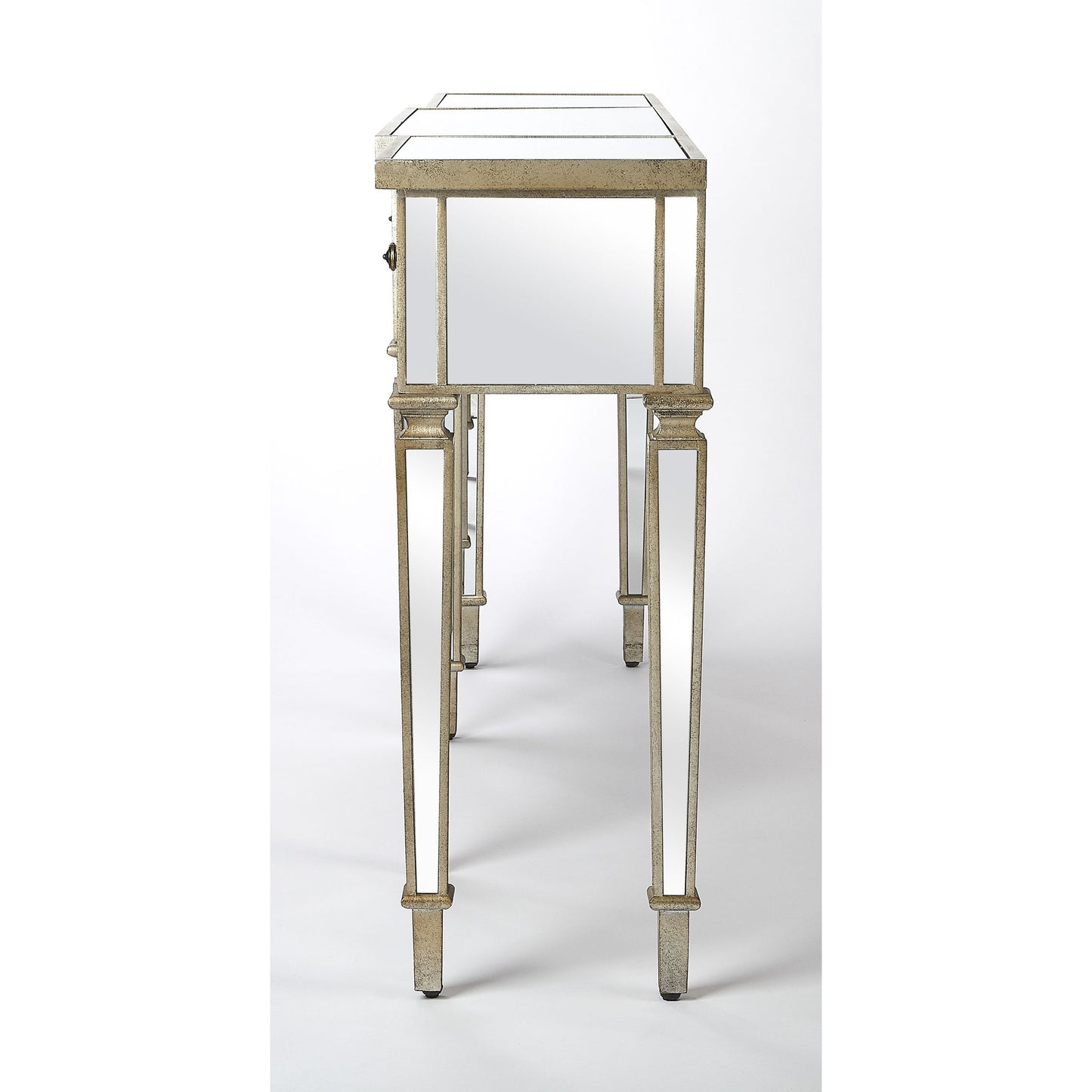 004 SR-770458 | Additional Silo | Hayworth Ed Console Table by Butler Specialty Company in silver and mirror. Made from mirror glass, birch wood, zinc metal hardware in a traditional style.